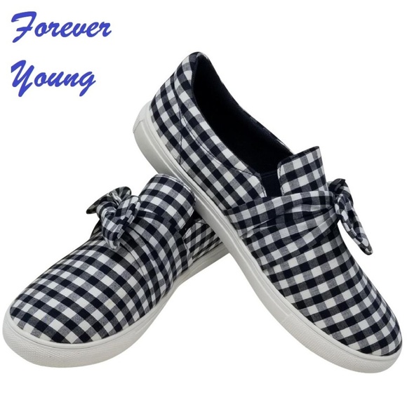 Forever Young Shoes - Women's Walking Shoes, Checkered Fabric Fashion Sneakers with Bows, SN-2811 Navy